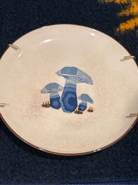 VTG 70s Blue Mushroom Crackle Glaze Plate Whimsigoth Cottagecore Earthy Decor
